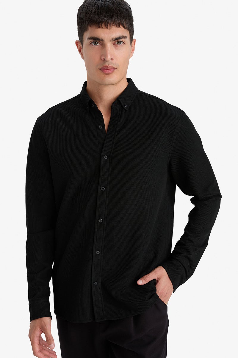 DeFacto Black Man Regular Fit Polo Collar Long Sleeve Shirt Casual - Image 1